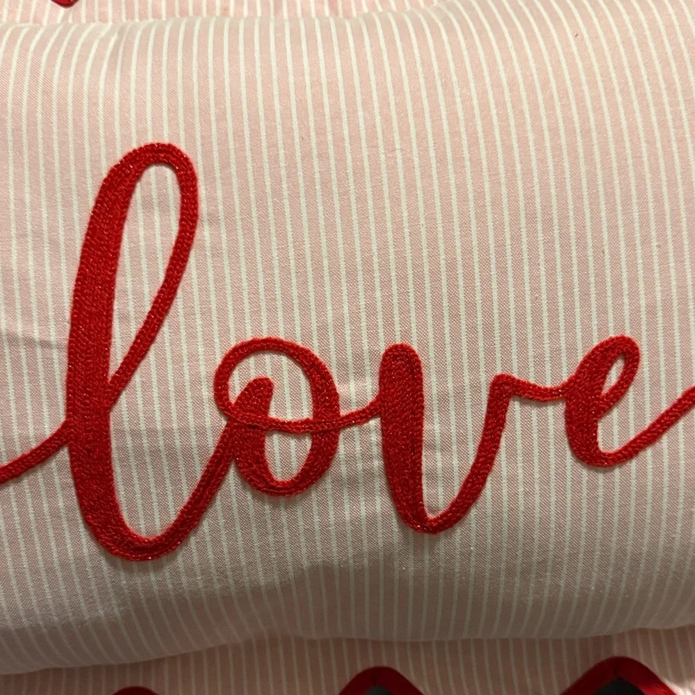 Hobby Lobby Pink Stripe Pillow with Red Script & Scalloped Trim